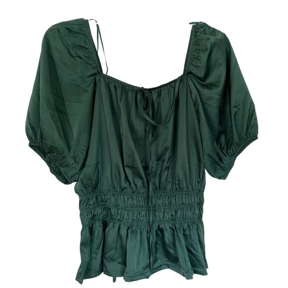 Flower and Feather Dark Green Silk Puff Sleeve Peplum Blouse Size Large - Picture 1 of 5